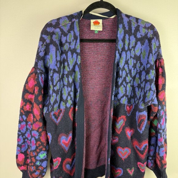 Farm Rio Ikat Dyed Hearts Cardigan Sweater Medium M Multicolor Balloon Sleeve - Picture 7 of 10
